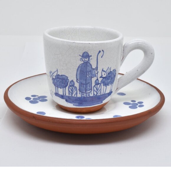 Hand Painted Terracotta Demitasse Cup / Saucer, Blue & White, Portugal, 1972 - Picture 2 of 11